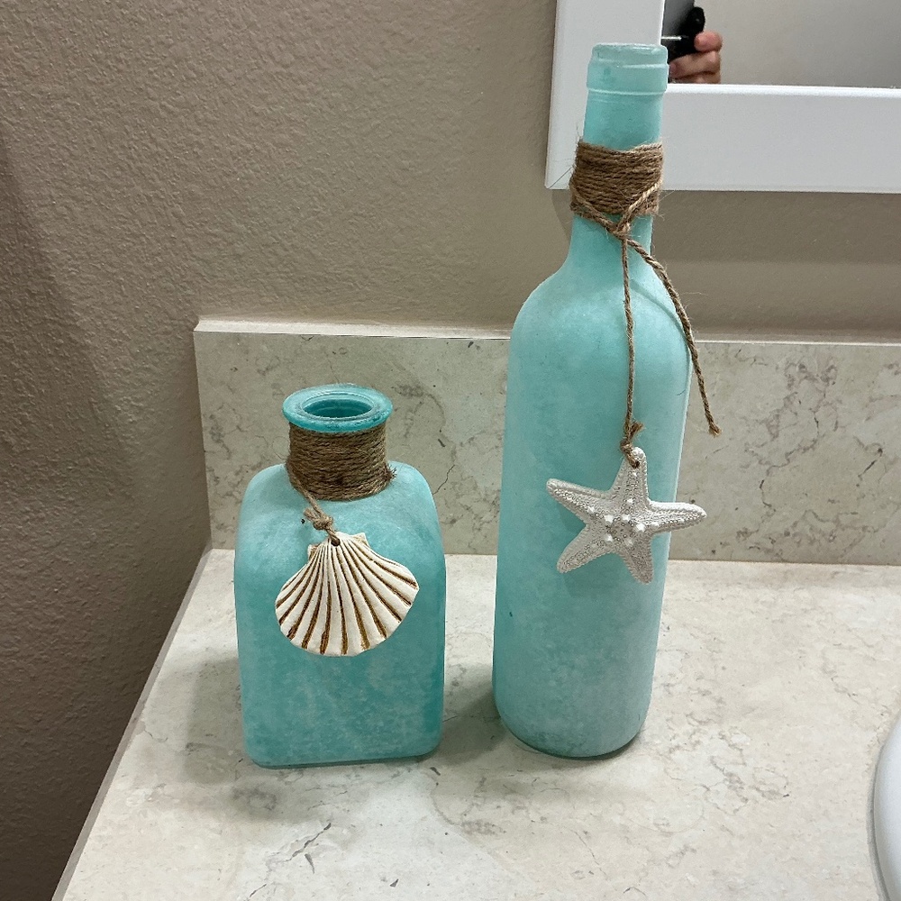 Seaglass colored decorative bottles coastal